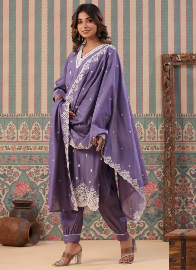 Modal Light Purple Party Wear Thread Work Readymade Salwar Suit